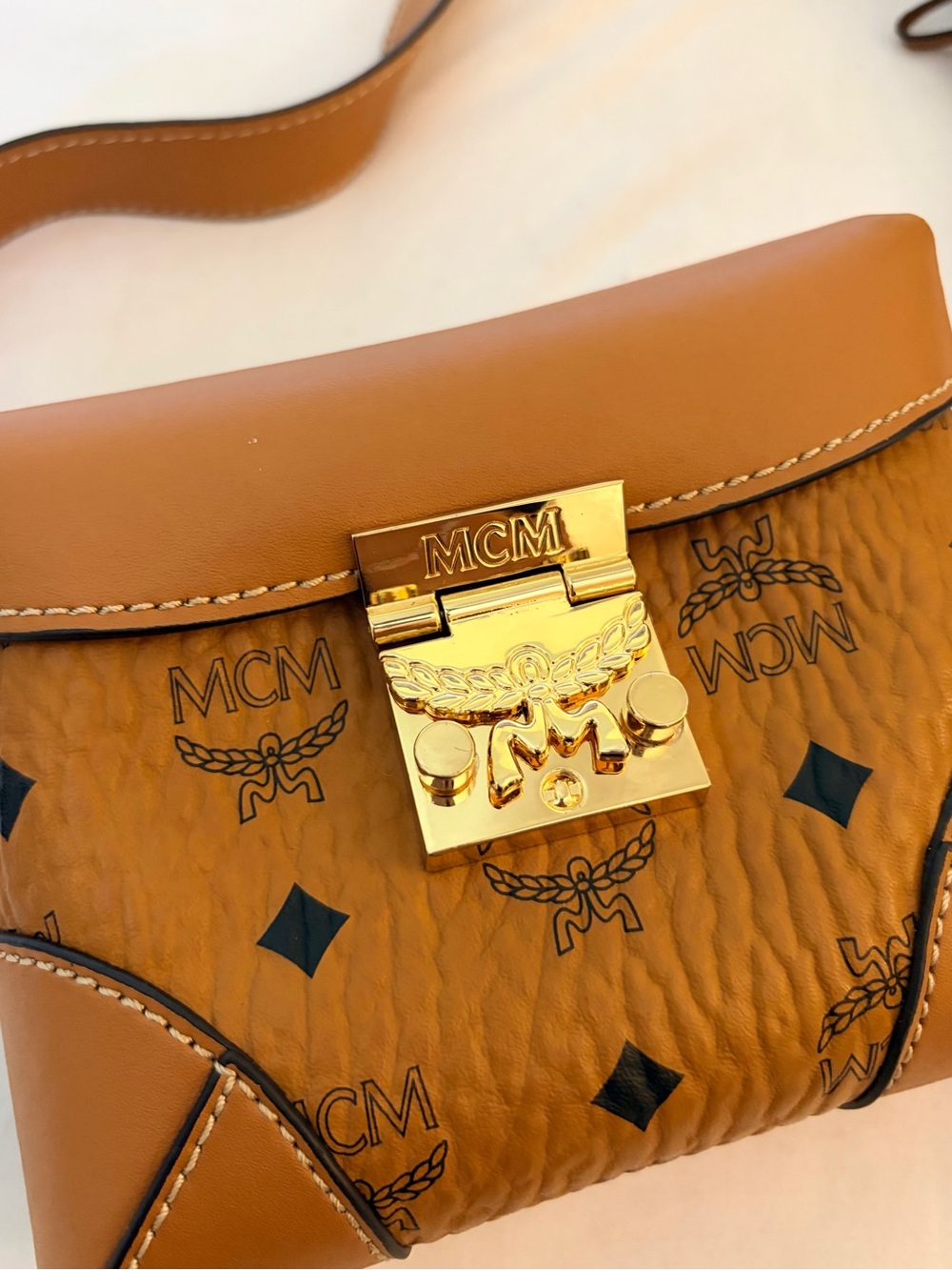 MCM Cognac & Black Visetos Logo Leather Crossbody Belt Bag - Picture 2 of 6